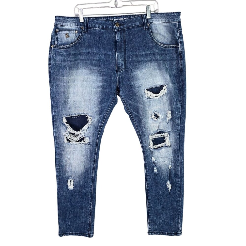 Mens Grindhouse Distressed Blue Denim Jeans Ripped Style & Faded Wash Size 42X32